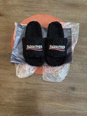 Balenciaga Political Campaign Logo Furry Sandals Black Faux Shearling Slides